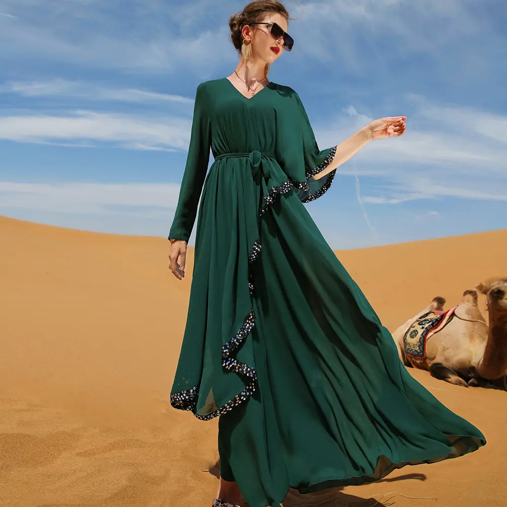 Vestido longo de chiffon com lantejoulas, vestido irregular slim e justo moderno luxuoso abaya