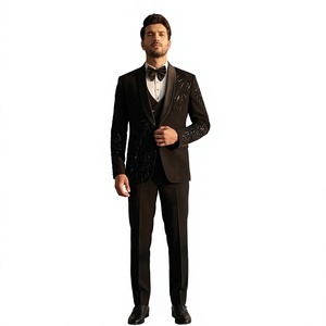 Traje de esmoquin negro con lentejuelas para hombre, estilo británico, corte regular, solapa con muescas, poliéster tejido antiencogimiento - Product Image 1