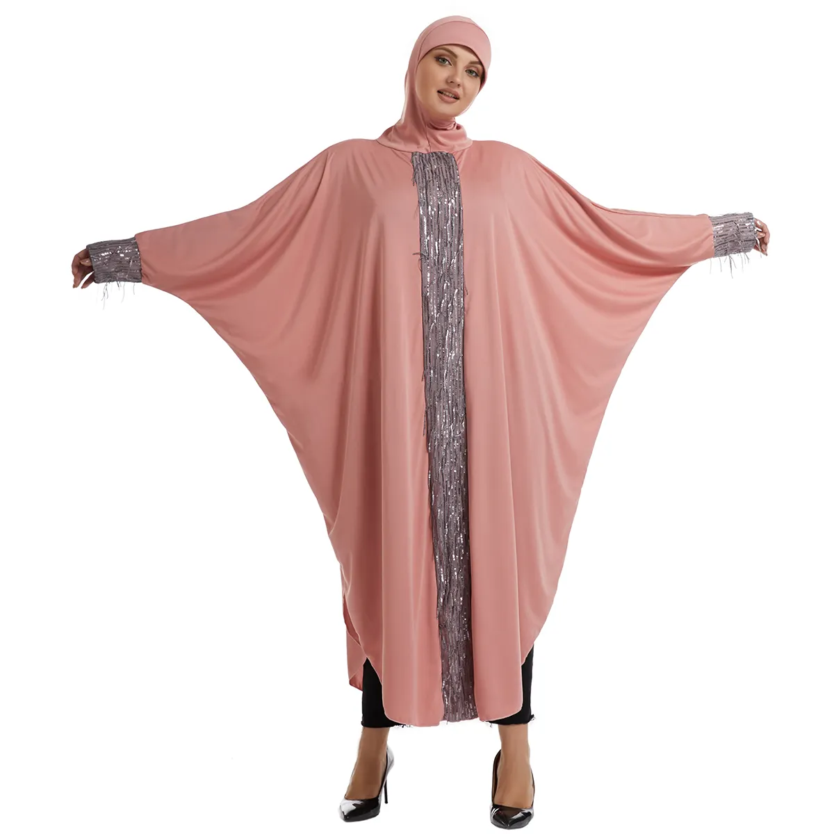 Novas Mulheres Muçulmanas Batwing Abaya Vestido Frente glitter Islâmico Vestido Maxi Oriente Médio Dubai Plus size 4XL-8XL Mulheres Kaftan
