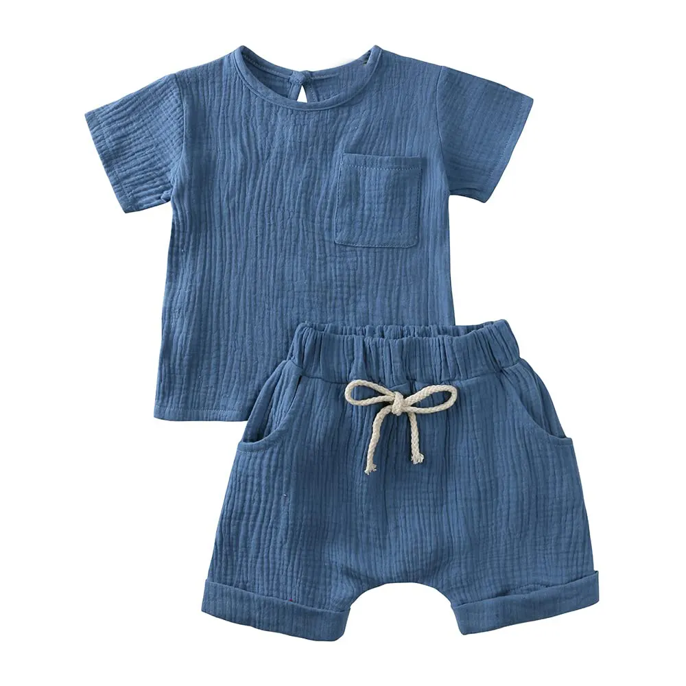 OEM Gauze Baby Boys Cotton Linen Outfits Set 2Pcs Muslin Toddler Summer Clothes Short Sleeve T-Shirt + Elastic Waistband Shorts