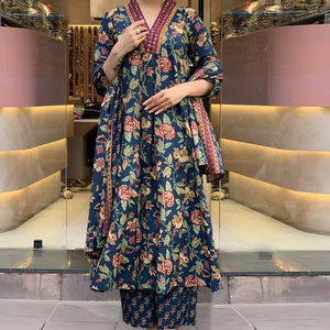 Nouvelle vente chaude : Ensemble Kurti indien pakistanais pour femmes, imprimé bleu, col en V, manches longues en coton lourd, pantalon - Product Image 1