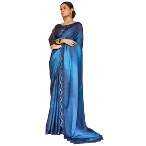 Robe de soirée en satin brodé bleu Saree avec chemisier Robe de soirée attrayante - Product Image 1