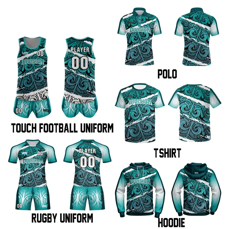 Groothandel Volledig Sublimatie Polyester Blauw Volledige Rugby Uniform Set Designer Rugby Shirt Touch Voetbal Singlets