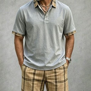 Ensemble décontracté <span class=keywords><strong>chic</strong></span> deux pièces <span class=keywords><strong>pour</strong></span> <span class=keywords><strong>homme</strong></span>, nouveau polo et short à carreaux, style transfrontalier Europe-Amérique, 100 % fibre de bambou - Product Image 5