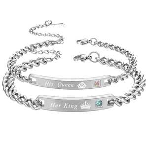 Pulseras <span class=keywords><strong>de</strong></span> Pareja <span class=keywords><strong>de</strong></span> Acero Inoxidable Zhongzhe con Letras 'Her King His Queen His Beauty Her Beast', <span class=keywords><strong>Corona</strong></span> <span class=keywords><strong>y</strong></span> Cristales - Product Image 2