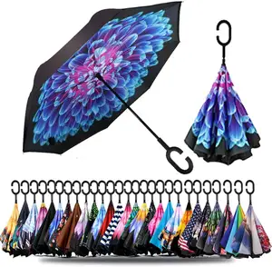 Proveedor de paraguas en stock, paraguas de coche con flores, paraguas abierto inverso, impresión personalizada de Metal, soporte de llave personalizado, patrón de goma