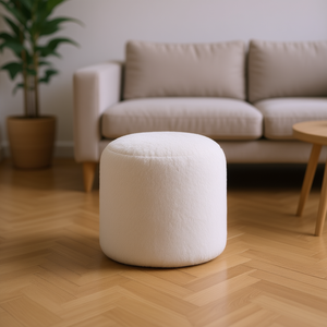 Pouf ottoman rond moderne en fausse fourrure Db, blanc cassé, pièce unique, repose-pieds pour salon - Product Image 2