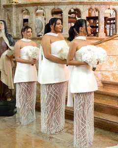 Vestidos de Dama de Honor Largos, Blancos Marfil, Brillantes, Sexys, para Bodas, Fiestas de Graduación, Verano, Económicos, BM691 - Product Image 1