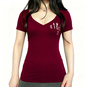 Camiseta de Verano Elástica y Ajustada con Estampado Digital para Mujer, Cuello en V, Transpirable, de Punto, con Contraste de Color, Manga Corta, Informal - Product Image 5