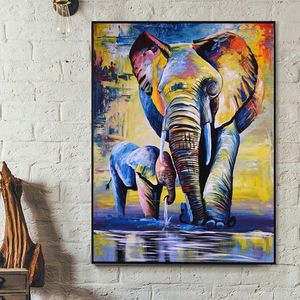 Peinture à l'huile murale 100% peinte à la main, grand <span class=keywords><strong>et</strong></span> petit éléphant jouant dans l'eau, décoration colorée, 2 éléphants - Product Image 2