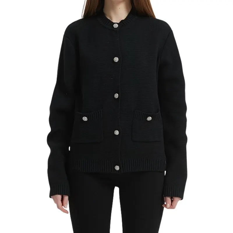 2023 custom wool knitted women's pocket cardigan knight spirit button black short ladies sweater