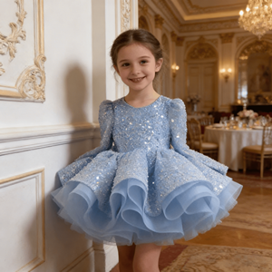 Abito da festa per bambina azzurro cielo con maniche a sbuffo, <span class=keywords><strong>paillettes</strong></span> scintillanti e volant in tulle, abito da damigella d'onore per matrimonio - Product Image 2