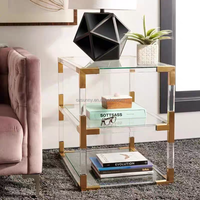 Table d'appoint de luxe à 3 niveaux avec cadre doré, étagères en verre trempé transparent et pieds en acrylique, table de chevet d'angle pour canapé avec rangement supplémentaire