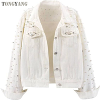 TONGYANG Eropa dan Amerika Serikat jaket Denim paku keling pengeboran berat baru jaket Denim wanita lengan panjang mode tipis longgar Korea.