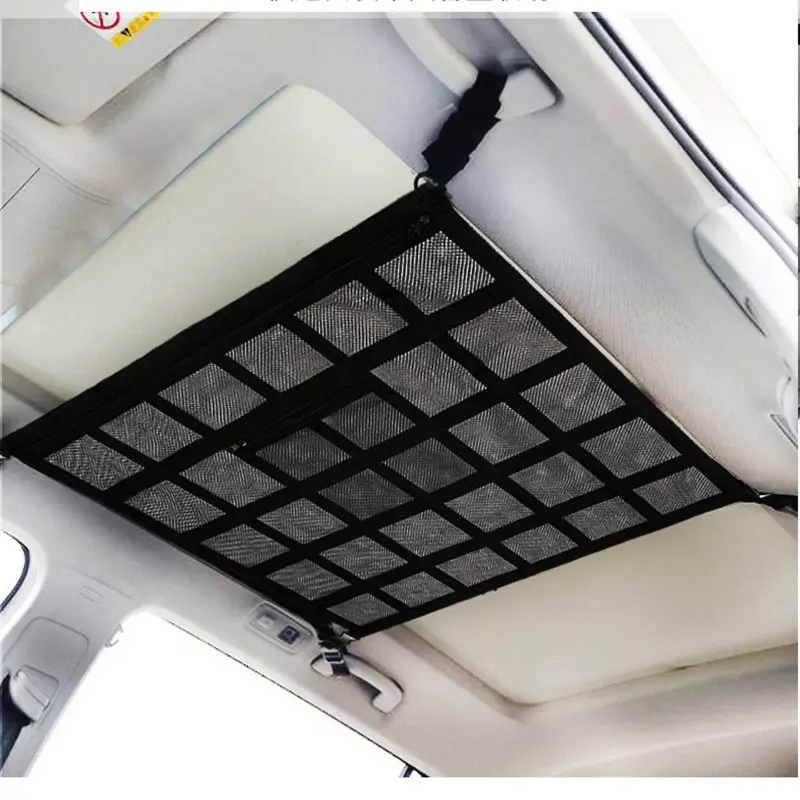 Filet de rangement pour le plafond de la voiture, réglable à double couche, organisateur de toit pour SUV, sac de rangement pour les couettes, jouets et serviettes.