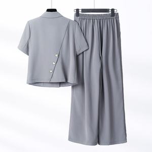 Conjunto de Dos Piezas para Mujer, Estilo Clásico de Verano, Casual para el Trabajo, con Pantalones Anchos y Blusa de Manga Corta - Product Image 2