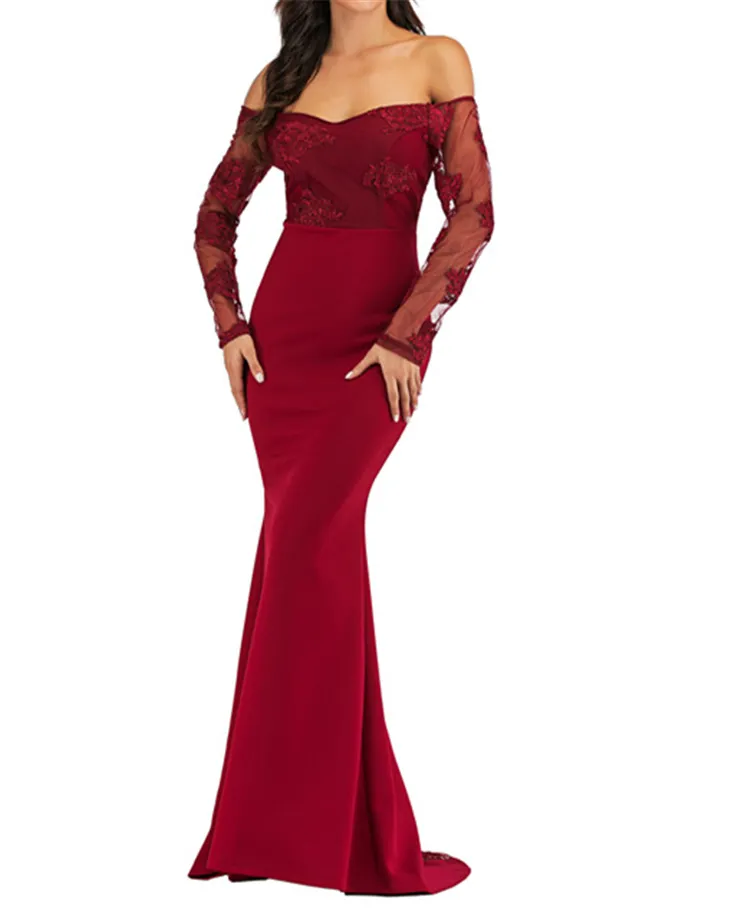 Lady สีแดงแขนยาวปิด Shoulder Mermaid Dresses 2019