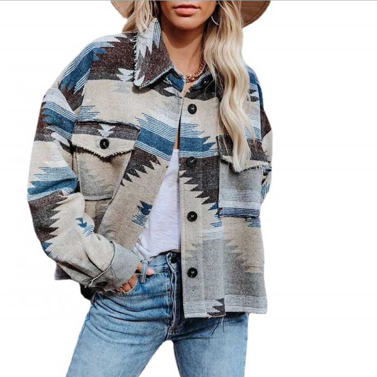 2021 hot selling Double-faced Woolen Custom Aztec Print Jackets plus sized women's shackets