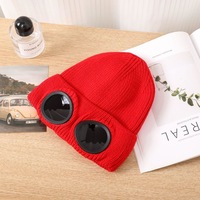 Bonnet personnalisé rouge à motif Argyle avec lunettes intégrées, bonnet épais en tricot côtelé, chaud, coupe-vent, pour le ski et les voyages