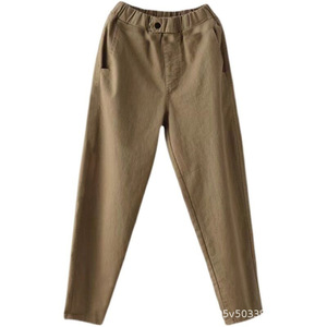 Women's Cotton Casual Pants Khaki <b>Elastic</b> Waist Harem Style Cropped Fit Solid Color Pocket Design Spring Autumn Wear - Product Image 5