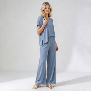 <b>Women</b> Short Sleeve Crew Neck Top And Elastic Waist Wide Leg Pants Set Soft Casual Ladies Daily <b>Outfit</b> - Product Image 3