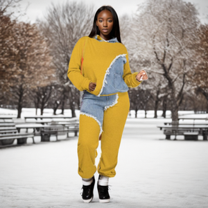 ชุดเซ็ต 2 ชิ้น เสื้อฮู้ดลำลองผ้าเดนิมต่อผ้าสไตล์ลำลองสำหรับฤดูใบไม้ร่วงและฤดูหนาว แฟชั่นสำหรับผู้หญิง - Product Image 2