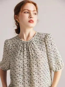 Silk Dress 2024 Crew-neck Doll Shirt Loose Edition Print Short-sleeved Mid-length Dress