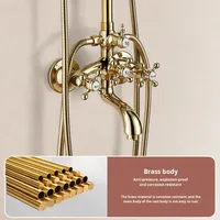 Ensemble de douche rétro style français avec barre coulissante, jet pluie, fixation murale, cartouche céramique, robinet de douche intégré doré pour salle de bain