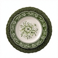 Assiettes de Dîner en Porcelaine Verte Grande Taille, Design Floral Nordique, Écologiques, Jetables, Lavables au Lave-Vaisselle, Luxe Vintage, Vente en Gros