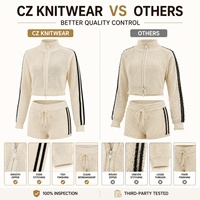 Conjunto Deportivo de Punto para Mujer, Sudadera con Cierre Completo y Cuello Alto, Pantalones Cortos, Logotipo Personalizado, Rayas en Contraste, Atuendo Casual de Verano