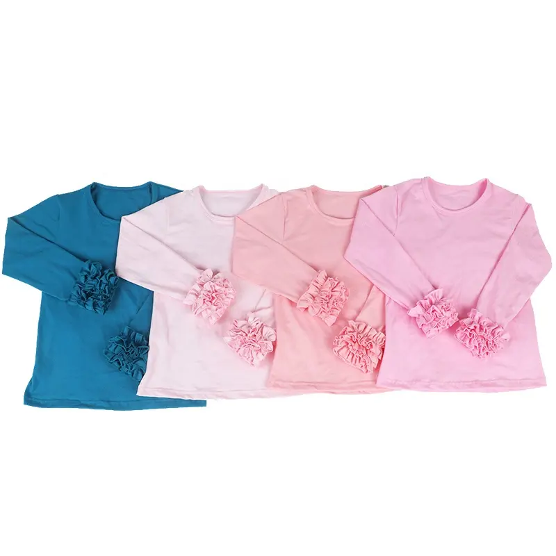 Meisjes Triple Ruches T-shirts Lente Effen Kleur Top Tiener Meisjes Herfst Zacht Roze T-shirt Meisje Katoen Tops