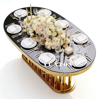 Meubles de mariage en gros, table longue ovale en acier inoxydable doré, plateau en verre miroir blanc, table de salle à manger, table d'hôtel pour mariage