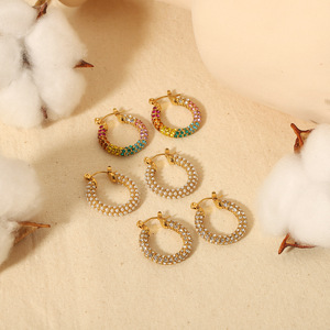 Pendientes de Aro de Acero Inoxidable con Oro de 18K, Incrustaciones de Zirconio y Perla, Diseño Geométrico Redondo, Joyería para Fiestas - Product Image 2