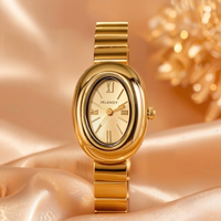 Montre-bracelet de luxe ovale dorée pour femme à quartz, bracelet en métal poli lisse, cadran simple à chiffres romains, pour le quotidien et les soirées