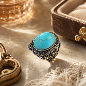 Anello Vintage con Fiori Intagliati, Anello Statement in Stile Retrò per Donne, Accessorio da Dito in Stile Verde - Product Image 3