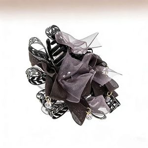Pince à <span class=keywords><strong>cheveux</strong></span> élégante pour femme, style rétro, en maille noire florale, avec nœud en <span class=keywords><strong>strass</strong></span>, type pince requin - Product Image 5