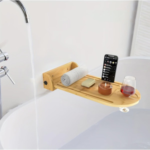 Estante de baño de bambú para montar en la pared, 50x30 cm, plegable, con soporte para teléfono y vino. - Product Image 1