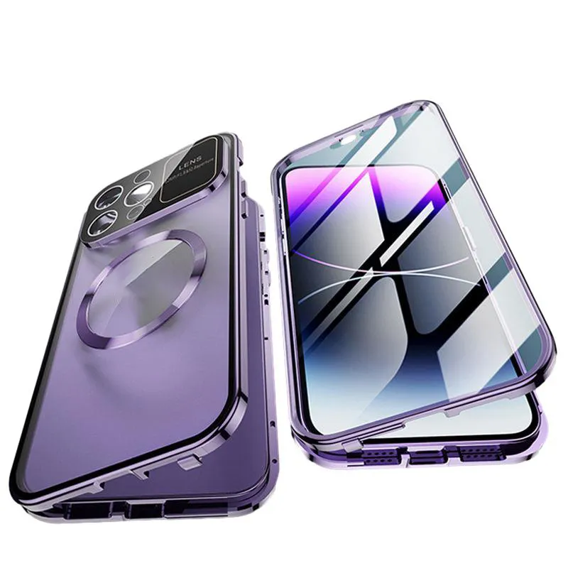 جراب حماية للهاتف ذو إطار معدني لهاتف iPhone 15 Plus 13 12 14 Pro 15 Max والشاشة حماية الهاتف من الزجاج المقسى الفاخر والخاص بالخصوصية