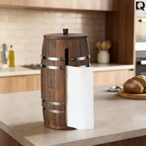 Wooden Retro Round <b>Paper</b> Towel Holder With Metal Bands <b>Kitchen</b> Storage Stand For Napkins Household Use - Product Image 2
