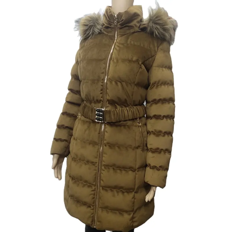 Toptan uzun kış ceket kadın aşağı pamuklu ceket ceket ile bel kemeri