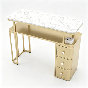 Table de manucure de luxe en métal doré avec plateau en marbre, poste de travail pour technicien des ongles, bureau de travail avec tiroirs de rangement pour salon de beauté - Product Image 6