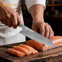 Couteau de cuisine professionnel japonais Kiritsuke KitchenBliss à 67 couches, manche en bois d'ébène noir, acier Damas