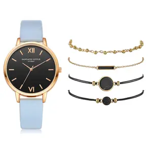 YuSa396 Fashion 5PCS/Set Leather Women Watches Quartz Watch Bracelet Set Gold Plated Beaded Bracelet Watch Gift Set For Women