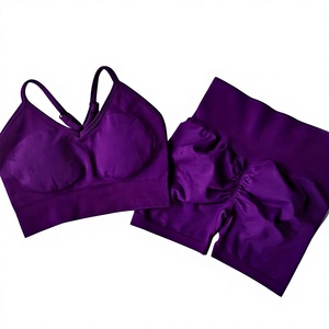Ensemble de yoga 2 pièces violet : Soutien-gorge dos nageur et short taille haute froncé avec détail nœud, sans couture, respirant, en Spandex et Polyester, pour l'entraînement - Product Image 1