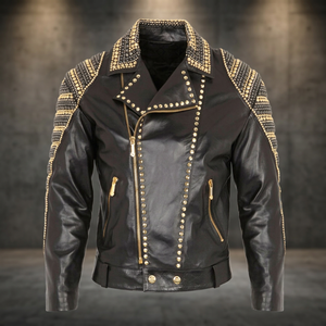 Blouson en Cuir Noir Clouté Rock Star Doré Argenté Toutes Tailles - Product Image 3