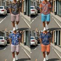 Costume de plage deux pièces pour hommes, chemise à manches courtes à imprimé rayé géométrique et short uni, tenue assortie pour les vacances d'été