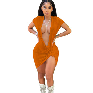 Fabricantes de ropa de mujer <span class=keywords><strong>2022</strong></span> Mini vestido liso con cuello en V profundo logotipo personalizado vestido de verano Color sólido moda Sexy vestido - Product Image 3