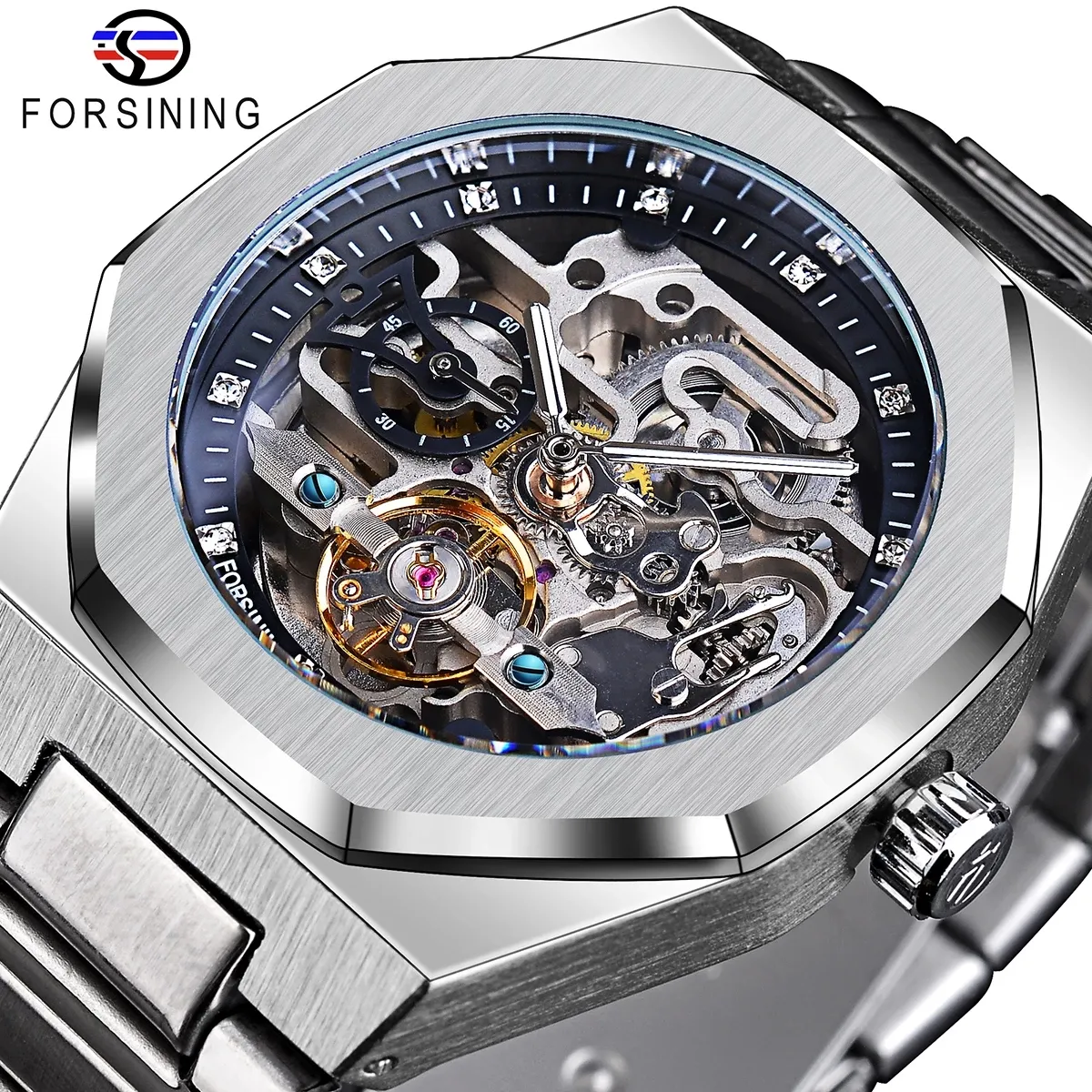 Forsining नई पुरुषों स्वत: घड़ी 3D हीरा कंकाल खोखले Mens Wristwatches चमकदार उपहार घड़ियों Tourbillon Montre Homme