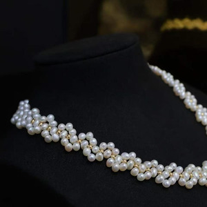 Collar de Perlas Tejido a Mano, Chapado en Oro de 14K, Perlas Naturales de Agua Dulce de 3-4mm, Casi Redondas, de Alto Brillo, Ligeramente Imperfectas - Product Image 3