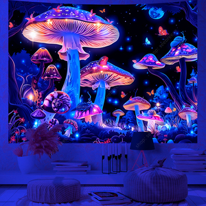 Champignon <span class=keywords><strong>Psychédélique</strong></span> Lune Papillon Méduse Tapisserie Murale Réactive aux <span class=keywords><strong>UV</strong></span> Esthétique Décoration de Chambre Bohème Hippie Rideau Tissu - Product Image 3